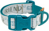 Türkises Hundehalsband mit Klickverschluss und Text "FRIEND" auf weißem Hintergrund, gestickte Details.