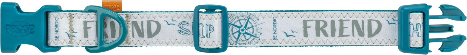 Türkises Hundehalsband mit weißen und blauen Mustern, Aufschrift "FRIENDSHIP" in grauer Farbe, Kunststoffverschluss.