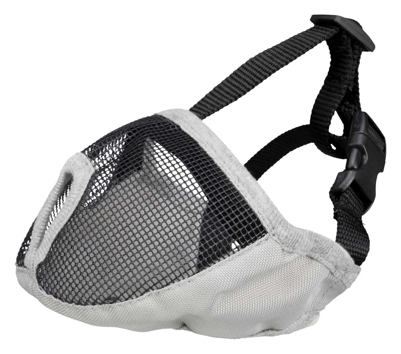 Schwarz-weißer Maulkorb für Hunde mit verstellbarem Riemen und Netzmaterial für verbesserte Atmungsaktivität.