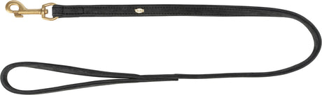 Schwarze Hundeleine mit goldfarbenem Karabinerhaken, gesticktes Logo "Trixie", aus Leder.