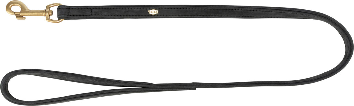 Schwarze Hundeleine mit goldfarbenem Karabinerhaken, gesticktes Logo "Trixie", aus Leder.
