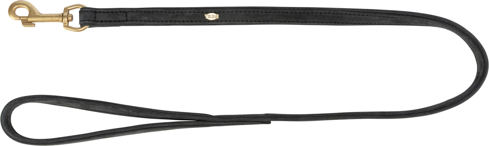 Schwarze Hundeleine mit goldfarbenem Karabinerhaken, gesticktes Logo "Trixie", aus Leder.