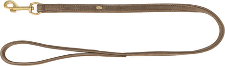 Braune Hundeleine aus Leder mit einem goldfarbenen Karabinerhaken und einer Schlaufe am Ende.