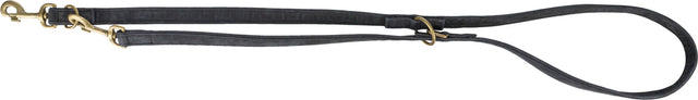 Dunkle Hundeleine mit zwei goldfarbenen Karabinerhaken und Ringen, verstellbare Mehrfachführungslänge.
