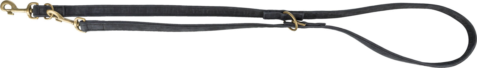 Dunkle Hundeleine mit zwei goldfarbenen Karabinerhaken und Ringen, verstellbare Mehrfachführungslänge.