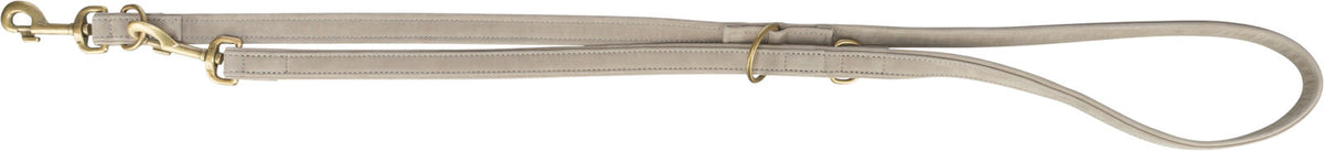 Beige Hundeleine mit verstellbaren Abschnitten und goldfarbenen Karabinern.