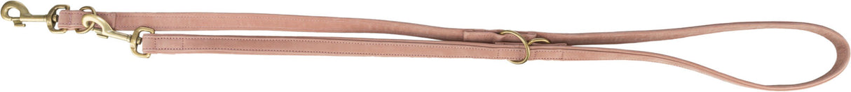 Hundeleine aus rosa Leder mit zwei goldfarbenen Karabinerhaken und mehreren Metallringen.