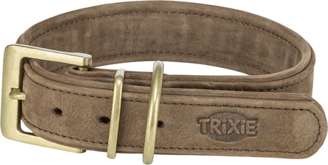 Brauner Ledergürtel mit Metallschnalle und zwei Schlaufen, Trixie-Logo auf dem Gürtel eingeprägt.