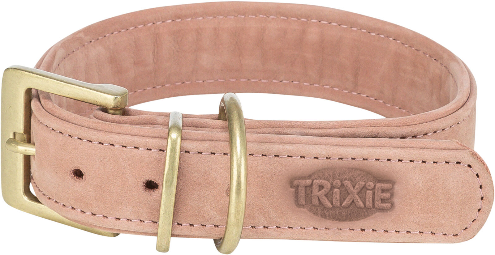 Rosa Hundehalsband mit gesticktem Logo und messingfarbener Schnalle sowie Schlaufen aus Metall.