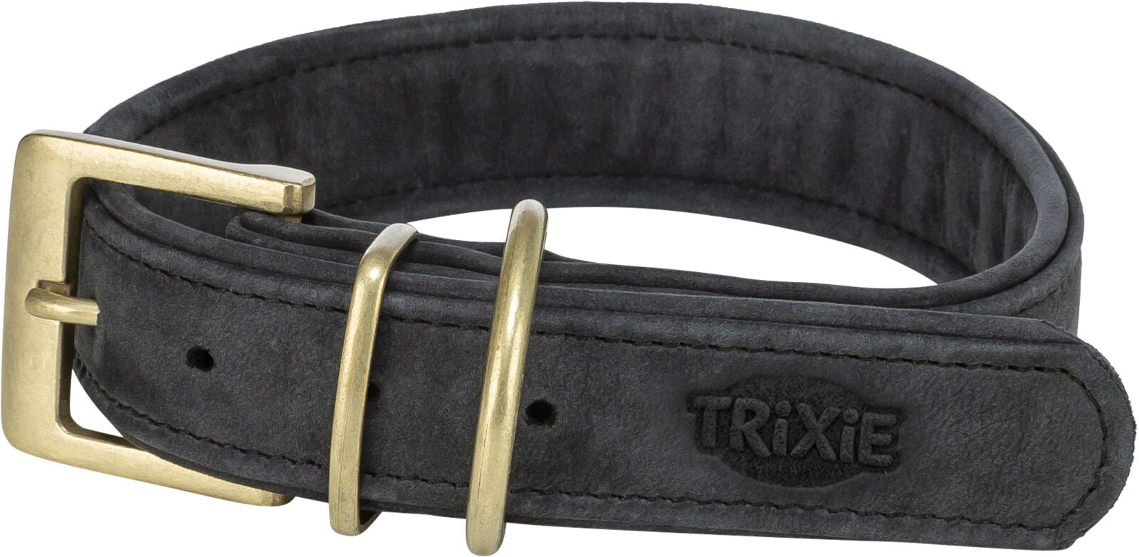 Grauer Gürtel mit messingfarbener Schnalle und zwei D-Ringen, Logo „TRIXIE“ geprägt, aus festem Material.