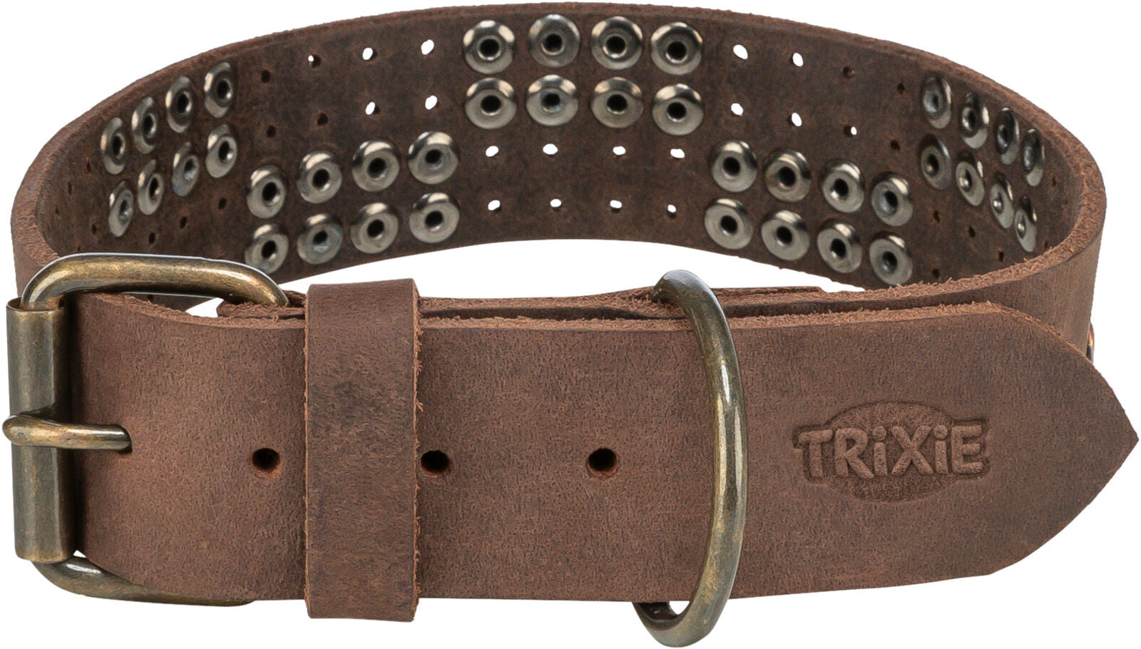 Braunes Hundehalsband aus Leder mit Metallnieten und Schnalle sowie einem sichtbaren TRIXIE Logo.