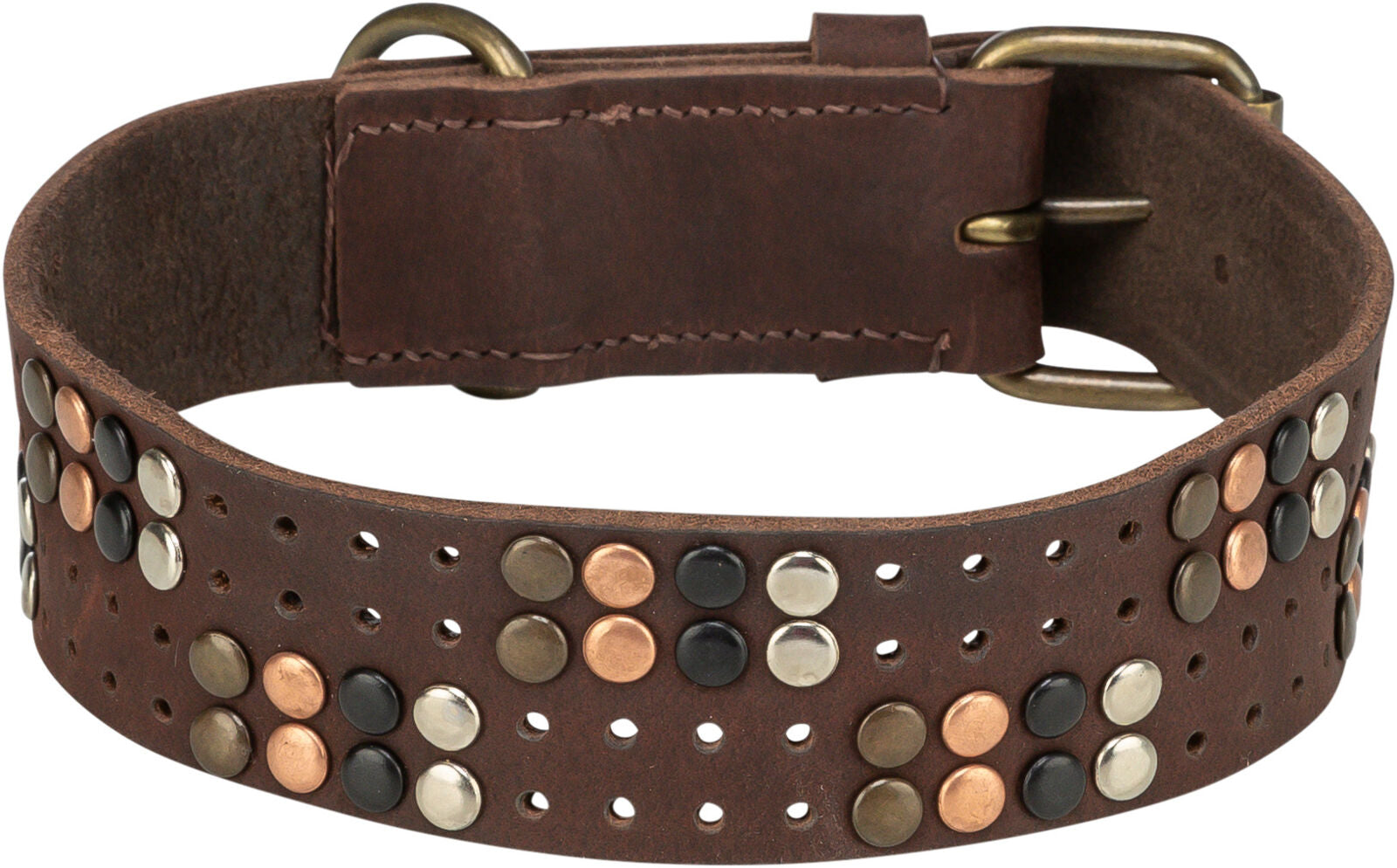 Braunes Halsband aus Leder mit Metallnieten in Schwarz, Silber und Kupfer, Schnalle und Ösen aus Metall.
