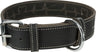 Schwarzes Hundehalsband aus Leder mit weißen Nähten, D-Ring und silberner Schnalle, Logo "Trixie" geprägt.