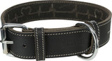 Schwarzes Hundehalsband aus Leder mit weißen Nähten, D-Ring und silberner Schnalle, Logo "Trixie" geprägt.