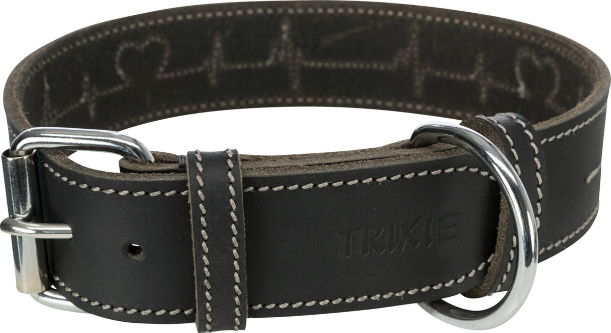 Schwarzes Hundehalsband aus Leder mit weißen Nähten, D-Ring und silberner Schnalle, Logo "Trixie" geprägt.
