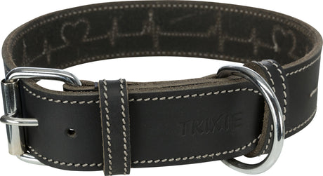 Schwarzes Hundehalsband aus Leder mit weißen Nähten, D-Ring und silberner Schnalle, Logo "Trixie" geprägt.