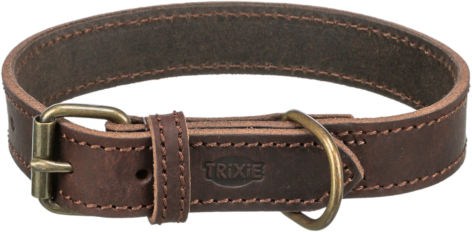 Braunes Hundehalsband aus Leder mit Metallschnalle und graviertem Logo, sichtbare Nähte und Struktur.