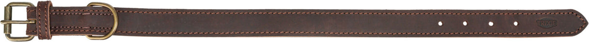 Brauner Lederhundehalsband mit Metallschnalle und fünf Löchern, gesteppt mit beigen Nähten.