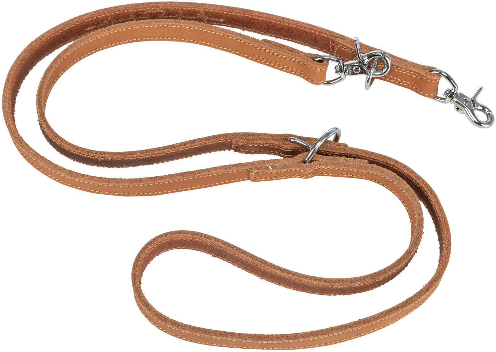 Braune Lederleine mit silbernen Karabinern und Nähten, flach liegend in geschwungener Form.
