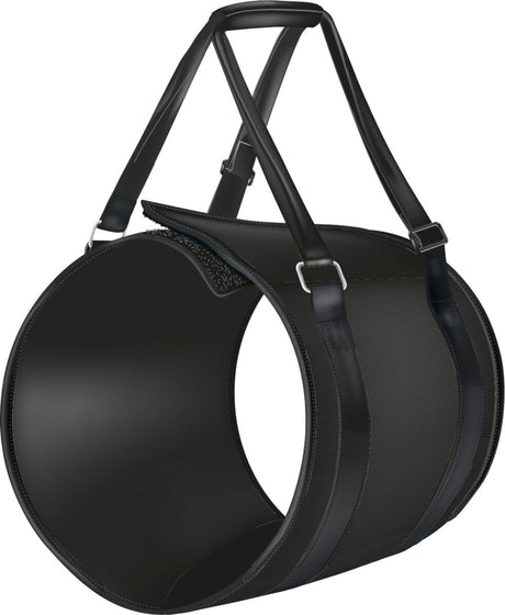 Schwarze zylindrische Tragetasche mit stabilen Schultergurten und silbernen Schnallen, moderne Gestaltung.