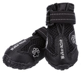 Schwarze Hundeschuhe mit festem Profil und reflektierendem Band, Aufschrift "Walker Active" und Pfotenmotiv.