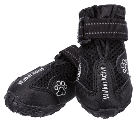 Schwarze Hundeschuhe mit festem Profil und reflektierendem Band, Aufschrift "Walker Active" und Pfotenmotiv.