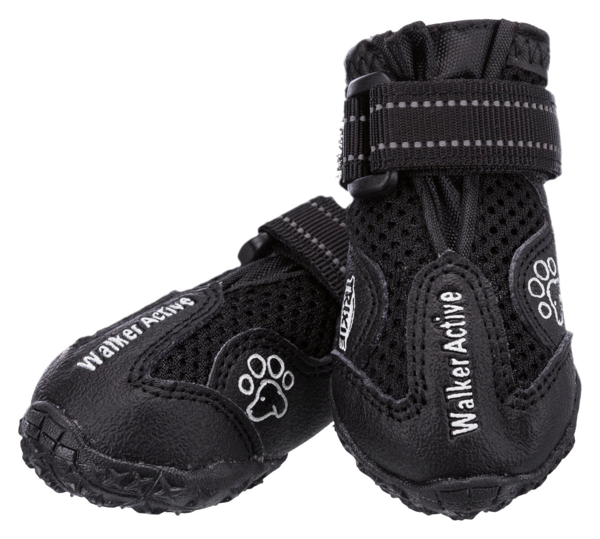 Schwarze Hundeschuhe mit festem Profil und reflektierendem Band, Aufschrift "Walker Active" und Pfotenmotiv.