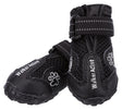 Schwarze Hundeschuhe mit festem Profil und reflektierendem Band, Aufschrift "Walker Active" und Pfotenmotiv.