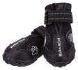 Schwarze Hundeschuhe mit festem Profil und reflektierendem Band, Aufschrift "Walker Active" und Pfotenmotiv.