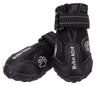Schwarze Hundeschuhe mit festem Profil und reflektierendem Band, Aufschrift "Walker Active" und Pfotenmotiv.
