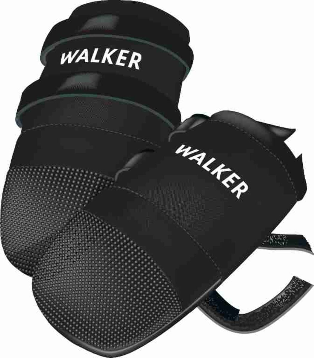 Schwarze Schuhe mit rutschfester Sohle und Klettverschluss, weißer Text "WALKER" auf der Oberseite.