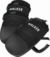 Schwarze Schuhe mit rutschfester Sohle und Klettverschluss, weißer Text "WALKER" auf der Oberseite.