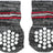 Zwei dunkelgraue Stricksocken mit roten und weißen Streifen sowie weißen runden Noppen auf den Sohlen.