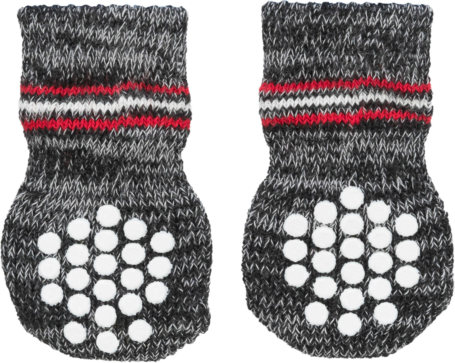 Zwei dunkelgraue Stricksocken mit roten und weißen Streifen sowie weißen runden Noppen auf den Sohlen.