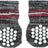 Zwei dunkelgraue Stricksocken mit roten und weißen Streifen sowie weißen runden Noppen auf den Sohlen.