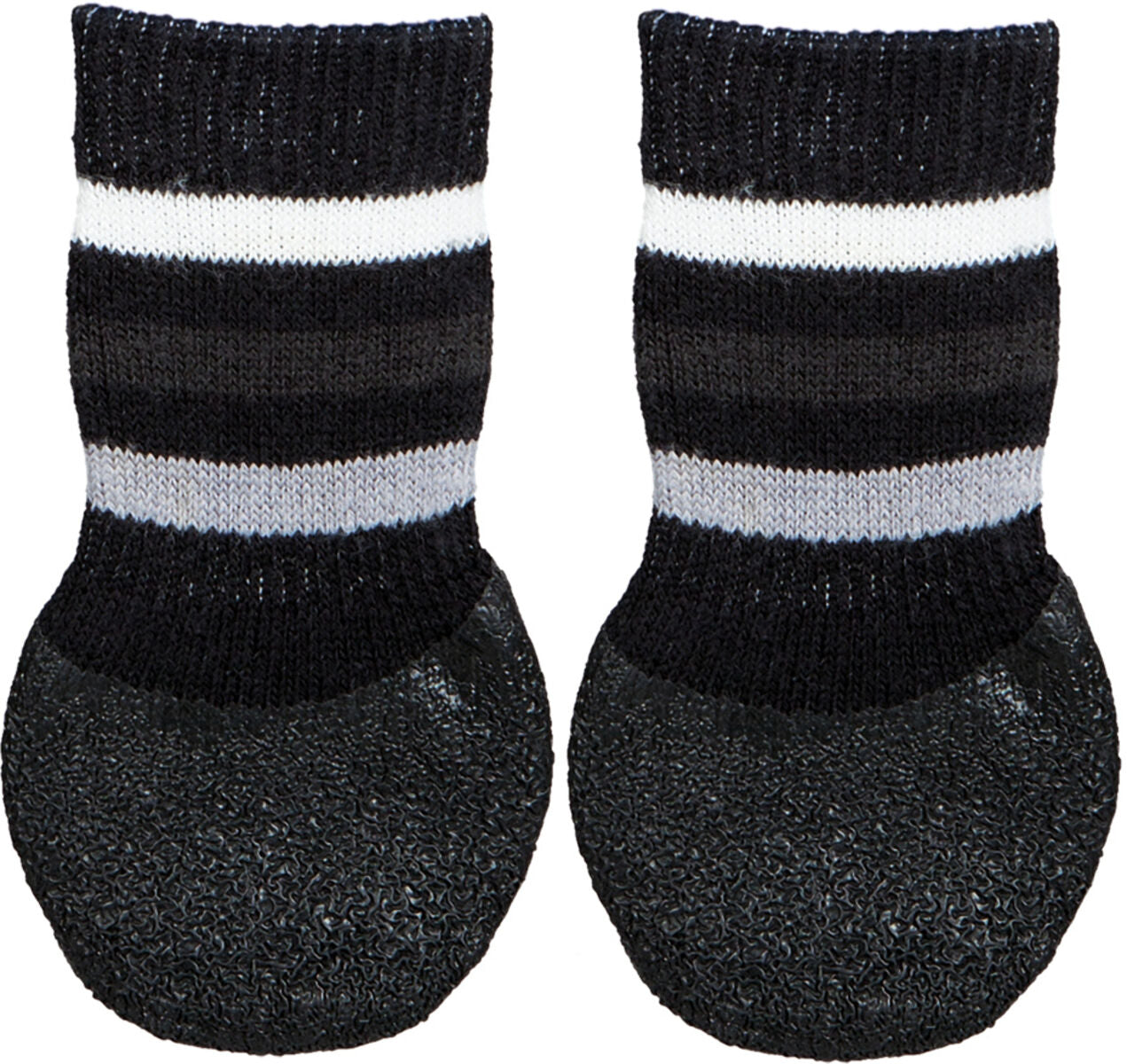Zwei schwarz-weiß gestreifte Hundesocken mit rutschfester, strukturierter Sohle.