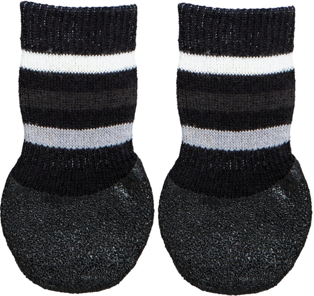 Zwei schwarz-weiß gestreifte Hundesocken mit rutschfester, strukturierter Sohle.