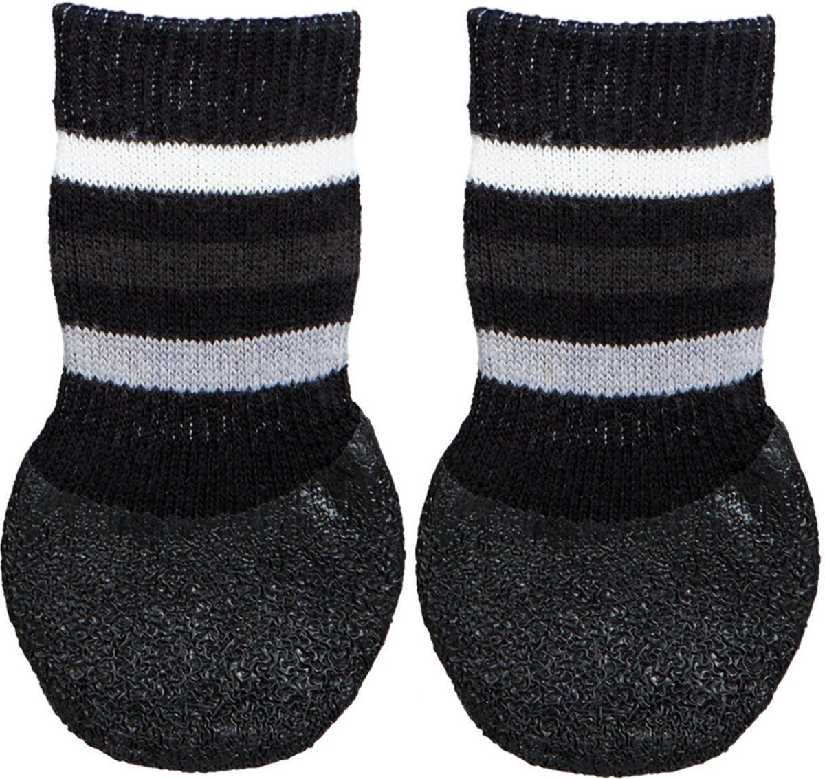 Zwei schwarz-weiß gestreifte Hundesocken mit rutschfester, strukturierter Sohle.