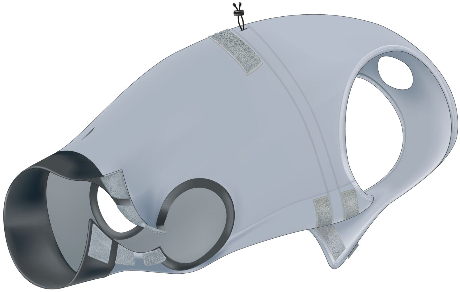 Graues, glatt gestaltetes Hundekleidungsstück mit Klettverschlüssen und Öffnungen für Körperteile.