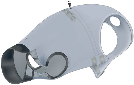 Graues, glatt gestaltetes Hundekleidungsstück mit Klettverschlüssen und Öffnungen für Körperteile.