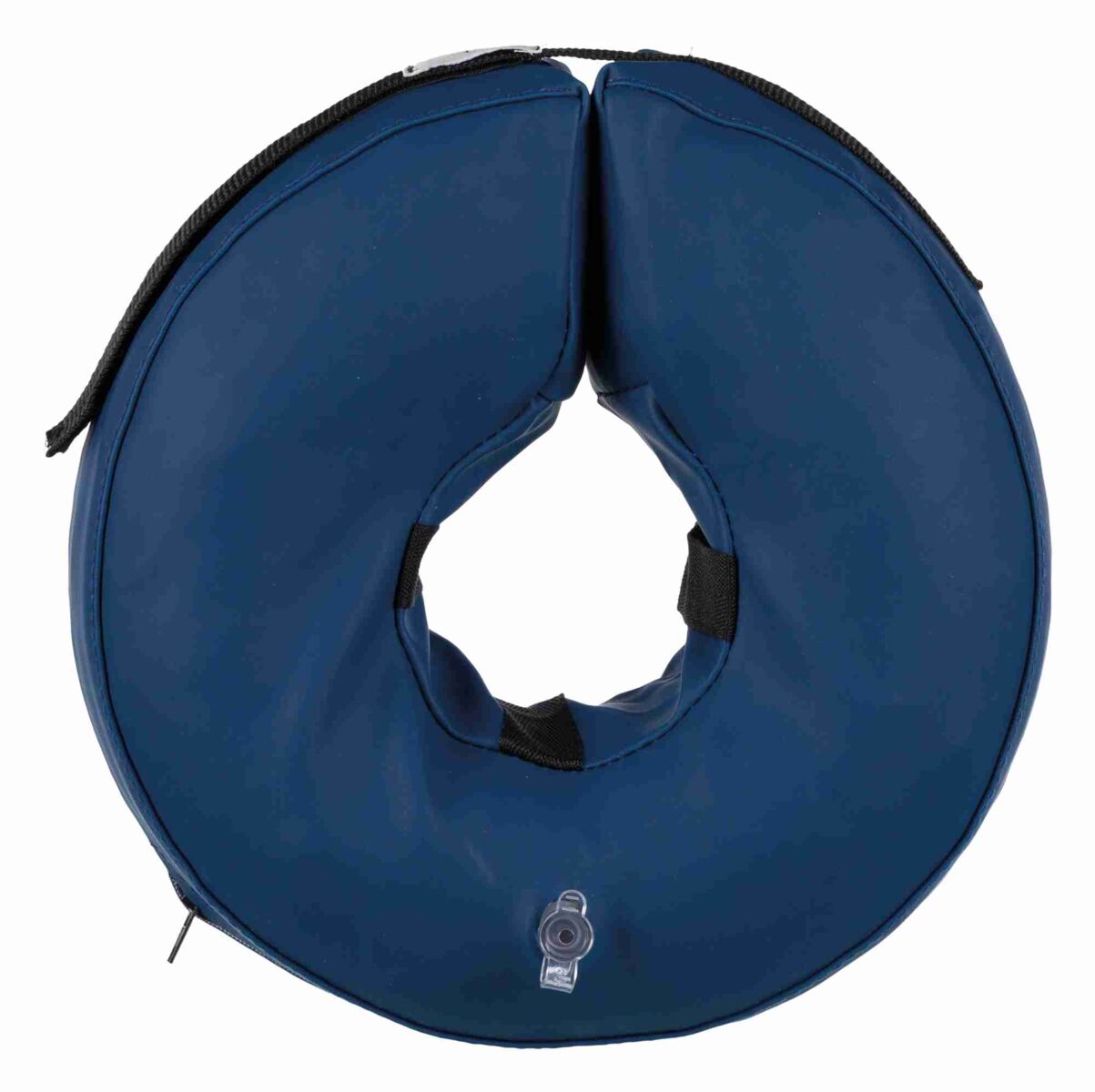Aufblasbarer blauer Ring mit Ventil und schwarzem Reißverschluss, vermutlich ein Kragen oder Kissen.