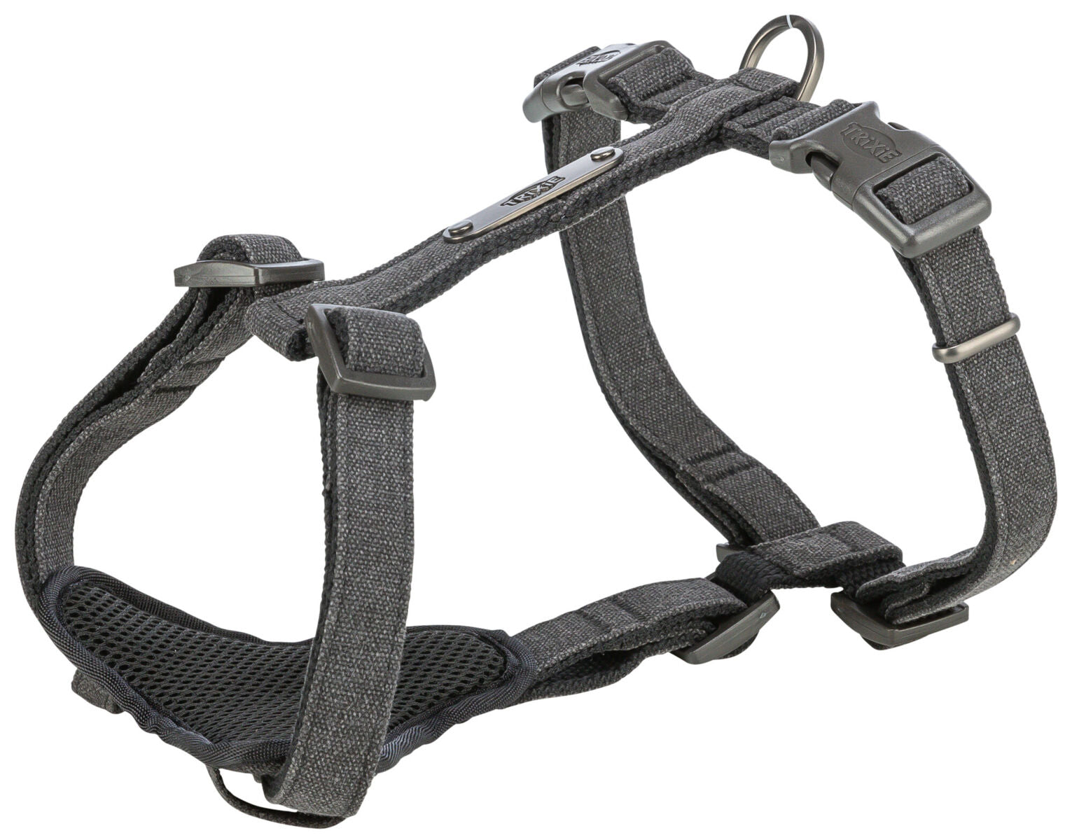Graues Hundegeschirr mit verstellbaren Riemen und Metallringen, aus einem texturierten Stoff gefertigt.