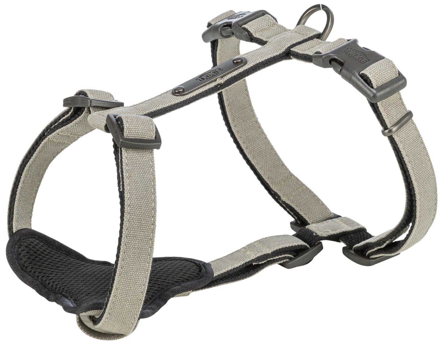 Grau-schwarzes Hundegeschirr mit verstellbaren Gurten, Klickverschlüssen und einem D-Ring auf der Oberseite.
