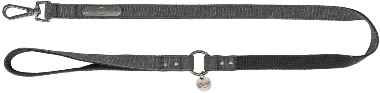Grauer Hundegurt mit Karabinerhaken und Logo-Plakette, längenverstellbar, aus robustem Material.