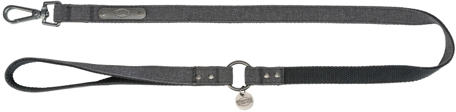 Grauer Hundegurt mit Karabinerhaken und Logo-Plakette, längenverstellbar, aus robustem Material.