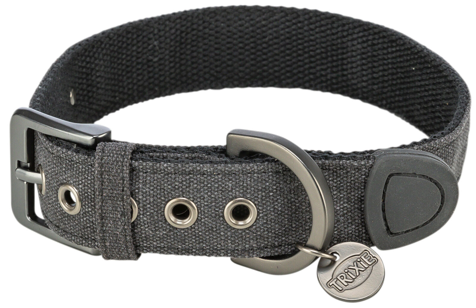 Graues Hundehalsband mit Metallschnalle, Ösen und einem runden Anhänger mit der Aufschrift „Trixie“.