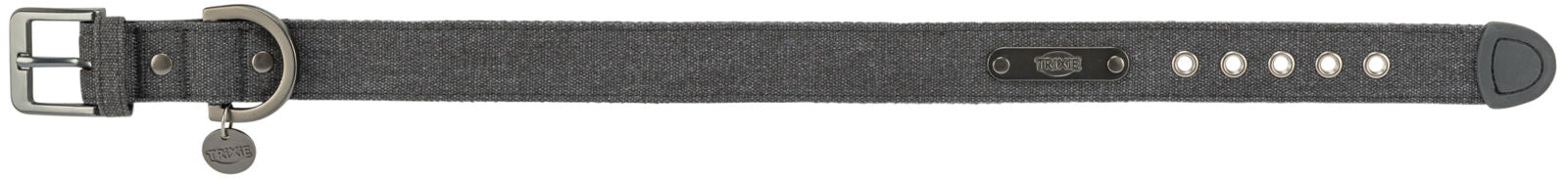 Graues Hundehalsband mit Metallschnalle, mehreren Löchern zur Größeneinstellung und Markenplakette.