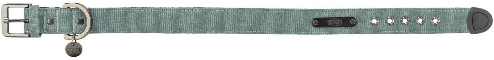 Graues Hundehalsband mit Metallschnalle, Ösen, rundem Anhänger und Label "Trixie" auf schwarzem Schild.