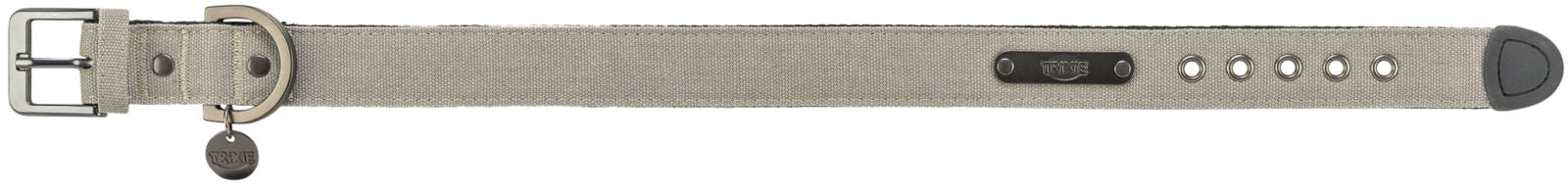 Beiger Stoffgürtel mit Metallschnalle und D-Ring, sechs Löcher zur Größenanpassung, Label "Trixie" erkennbar.