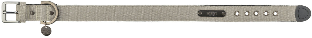 Beiger Stoffgürtel mit Metallschnalle und D-Ring, sechs Löcher zur Größenanpassung, Label "Trixie" erkennbar.